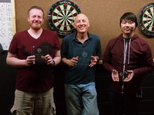 The A division winners: 2nd place Mike, 1st place Chris, and 3rd place Adam.