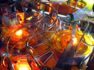 Mike's stuck ball, wedged behind the pop bumper on Monster Bash.