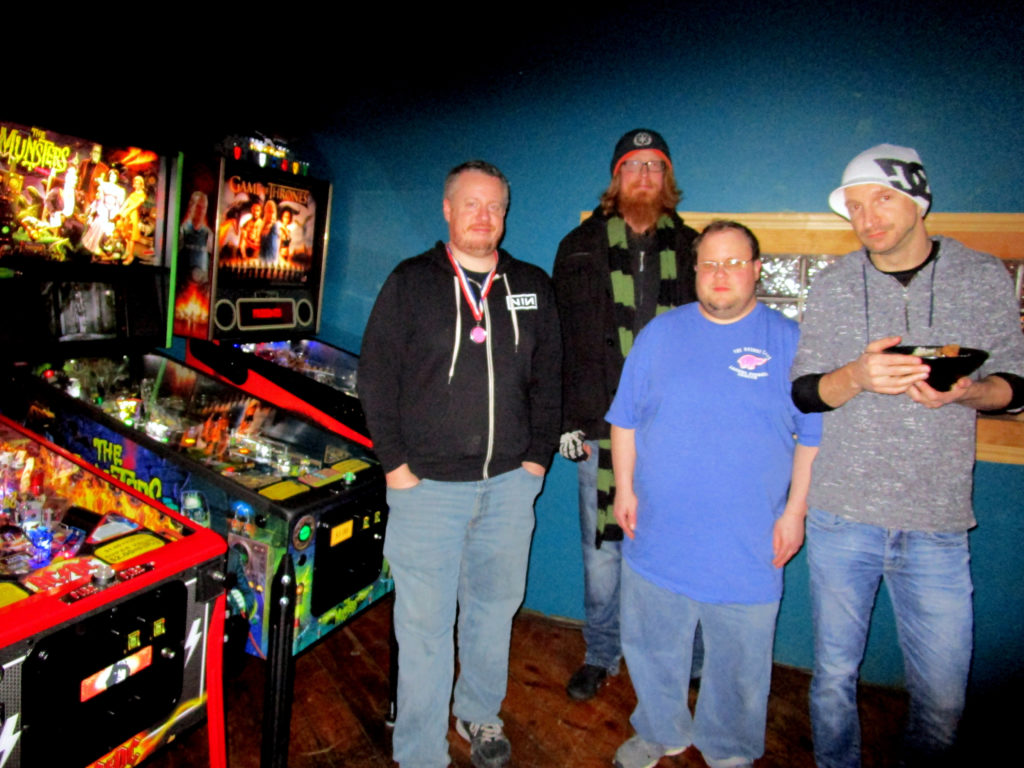 Mike, Bryan, Tim, and Josh (holding a ramen bowl).