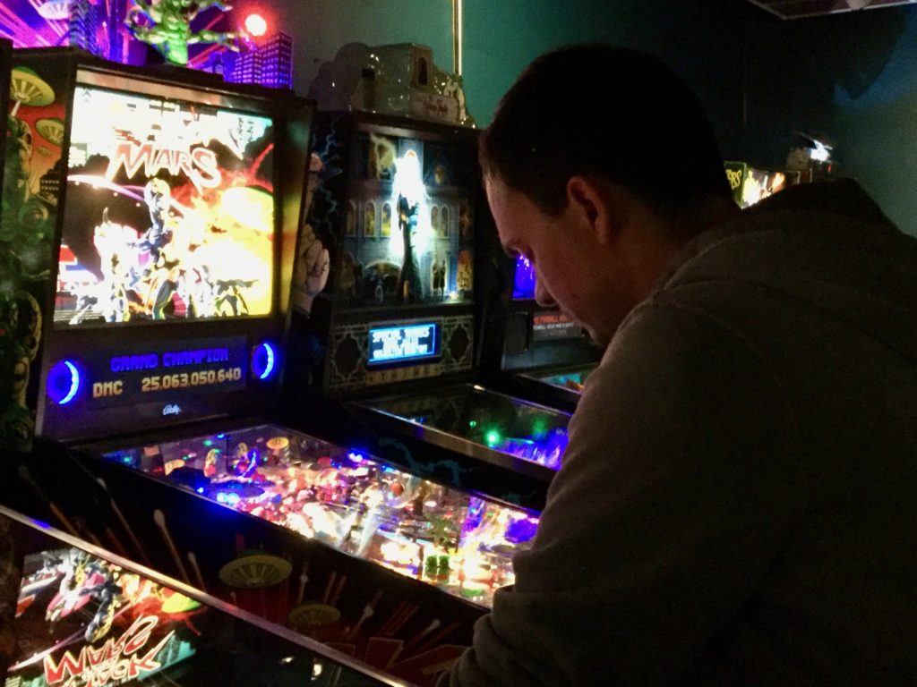 Danny, eyes seemingly closed, playing Medieval Madness.